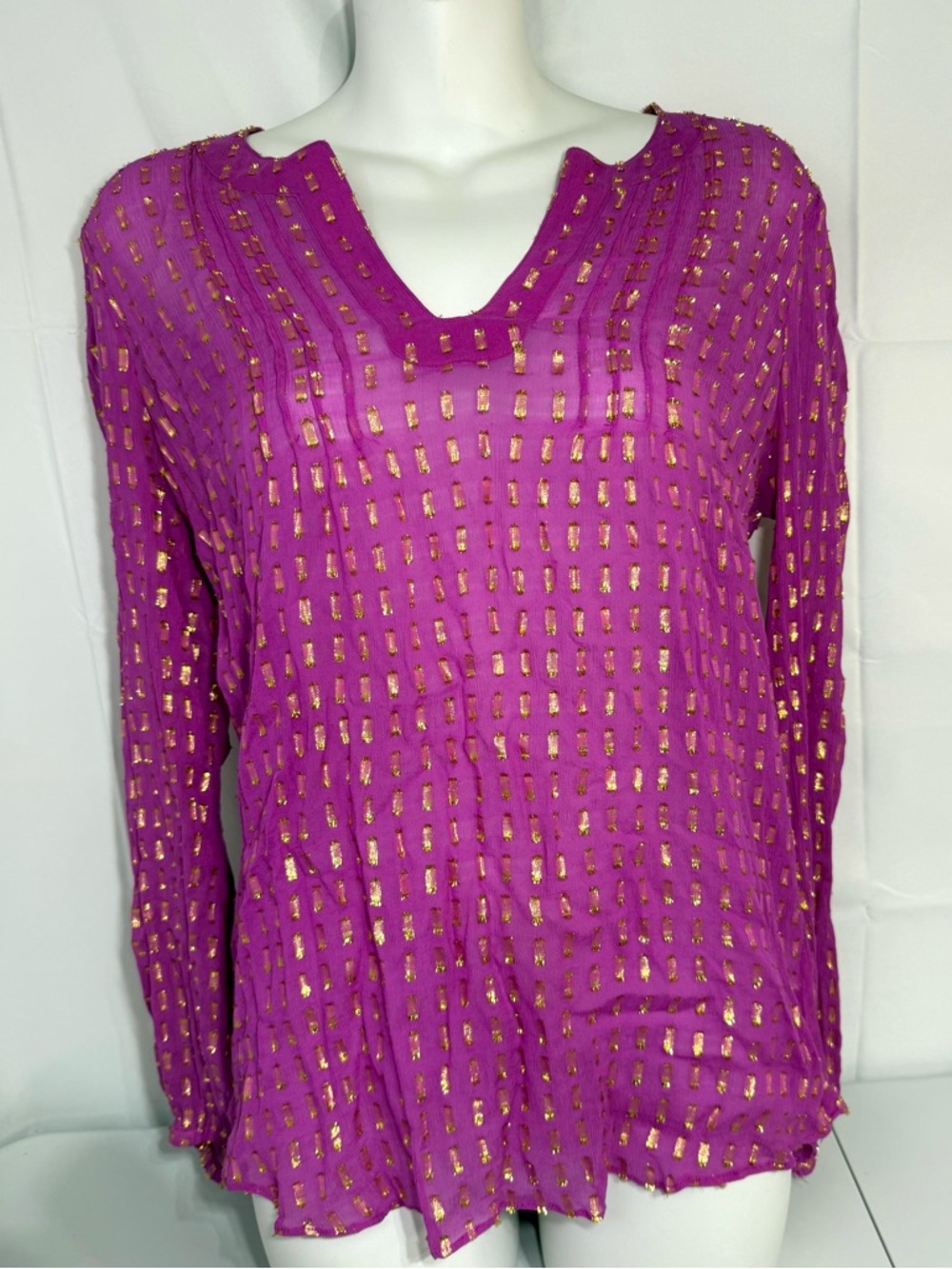 Lilly Pulitzer Silk Metallic Gold‎ Clip Dot Blouse Pink Long Sleeve Small
